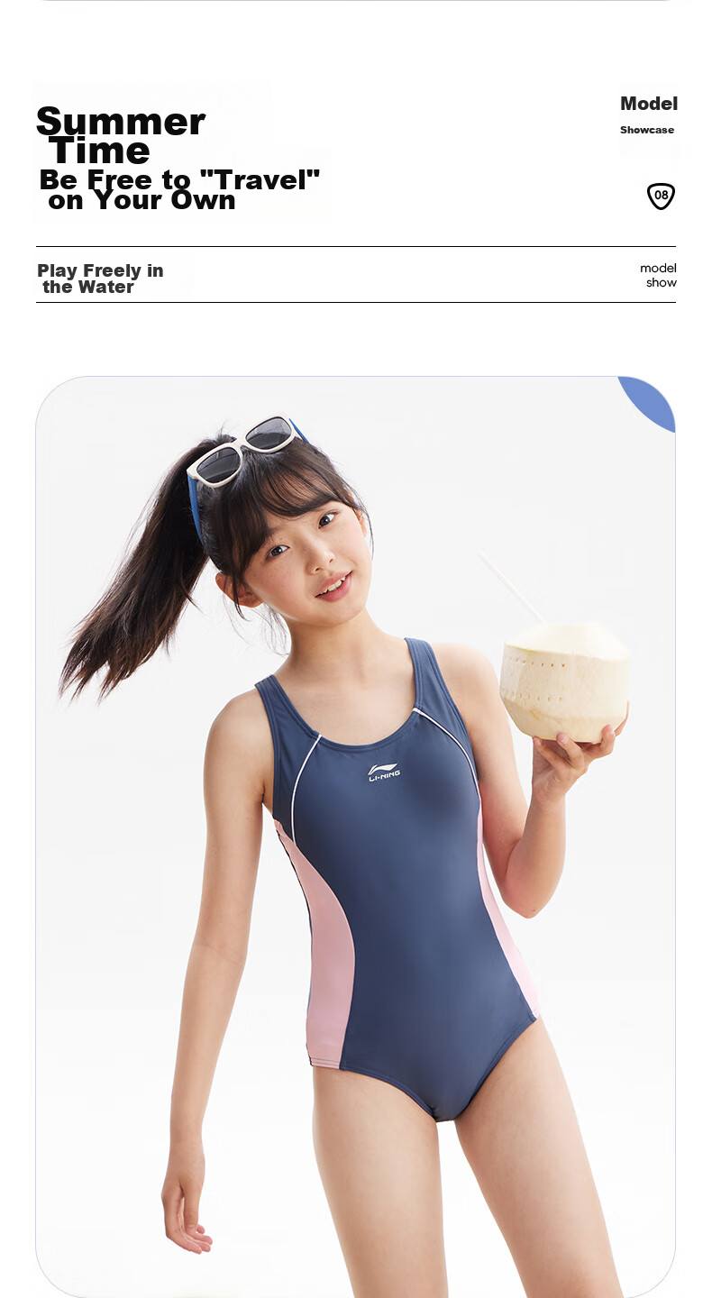 Li-Ning Youth Swimsuit, Girls' Comfortable Sports One-Piece Triangle Professional Training Swimwear, 7123 Black And White, Size 160 10