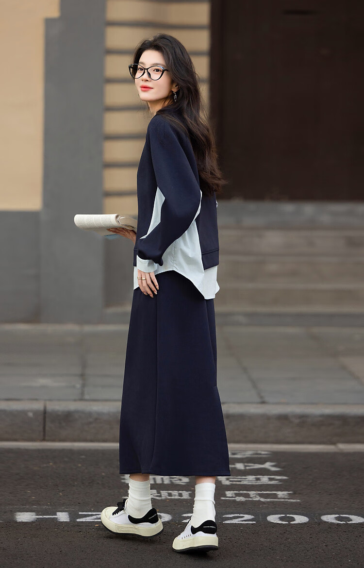 Dme 350G Air Layer Set Spring Autumn Fashion Colorblock Sweatshirt and Elastic Waist Split Skirt Two-Piece Set for Women 5