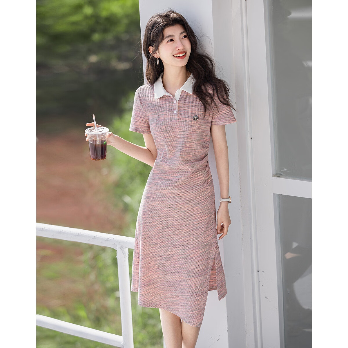 Demana [With Cloud Cotton] Summer Smart Color-Block Polo Collar Pleated Waist Color Yarn Knit Women's Dress