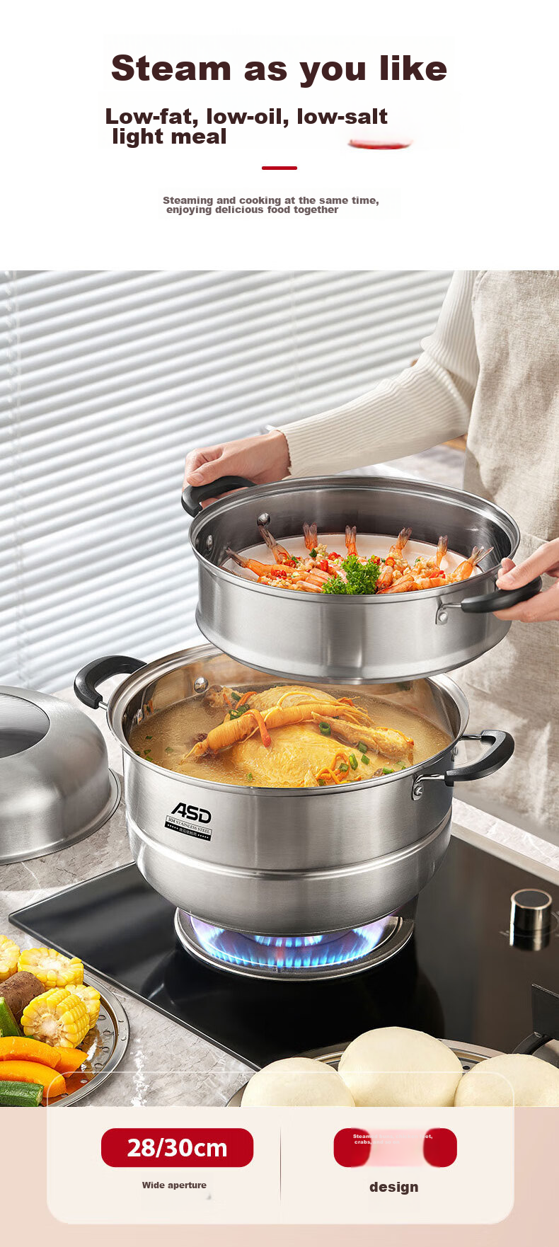 ASD Steamer Pot, Three Layers, 30CM Thickened Base, High-Arch Lid, Large Capacity Fish Steaming Pot, ZS30A5WG 6