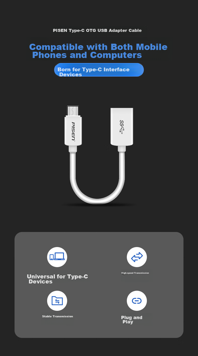 Pisen Type-C Adapter USB OTG Data Cable, Phone USB Drive Tablet Adapter for Apple IPad Huawei Xiaomi OPPO Vivo Phones MacBook Laptops 1