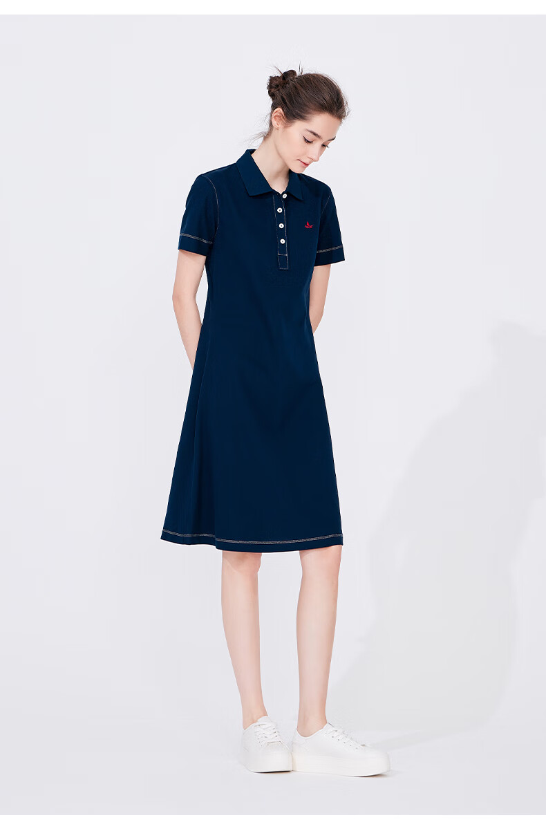 Navigare Women's Short-Sleeve Polo Collar Dress, Comfortable A-Line Midi Skirt, 2322874506 11