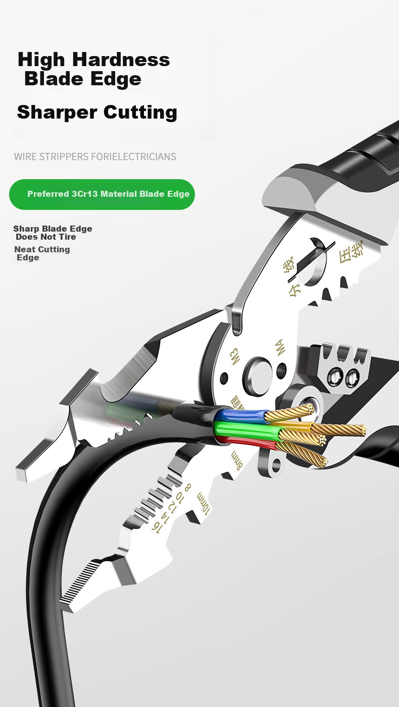 Baolian Wire Stripping Pliers, Multi-Functional Fiber Optic Cable Cutter for Electricians, Stainless Steel Bent-Nose Model 3