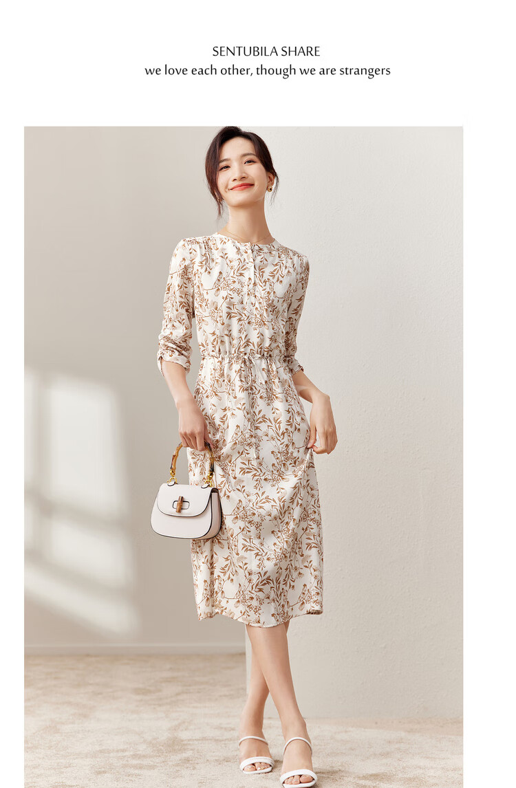 Sentubila New Chinese-Style National Style Dress, Summer Wear, Blue And White Porcelain Print, Elegant Waist-Cinching Slimming Dress, White with Blue Flowers, Size L 12