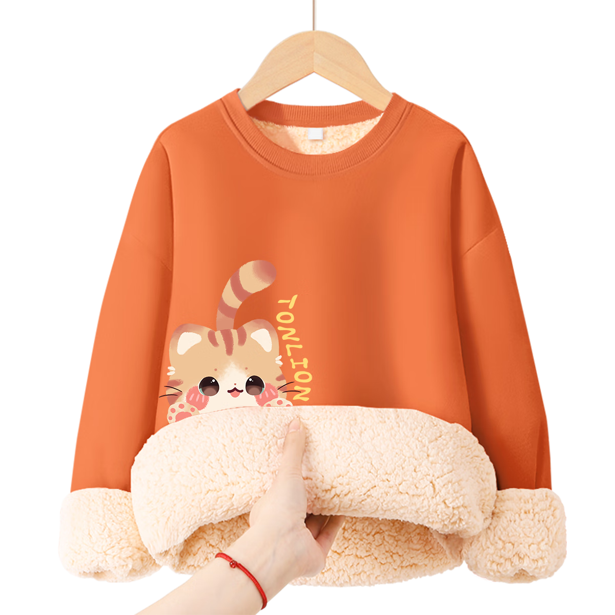 TonLion Kids Girls Lamb Fleece Sweatshirt Casual Fleece Lined Warm Top Children Thickened Clothing Pumpkin Orange 140