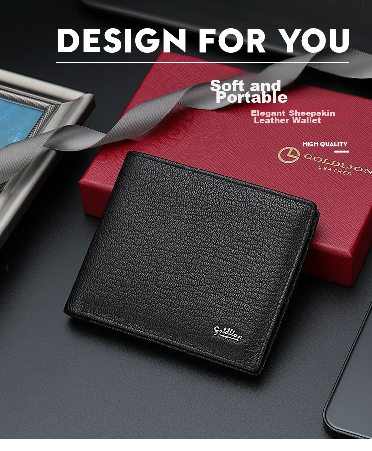 Goldlion Men's Wallet, Sheepskin Clasp, Short Bifold Billfold, Gift Box, Birthday Present 1