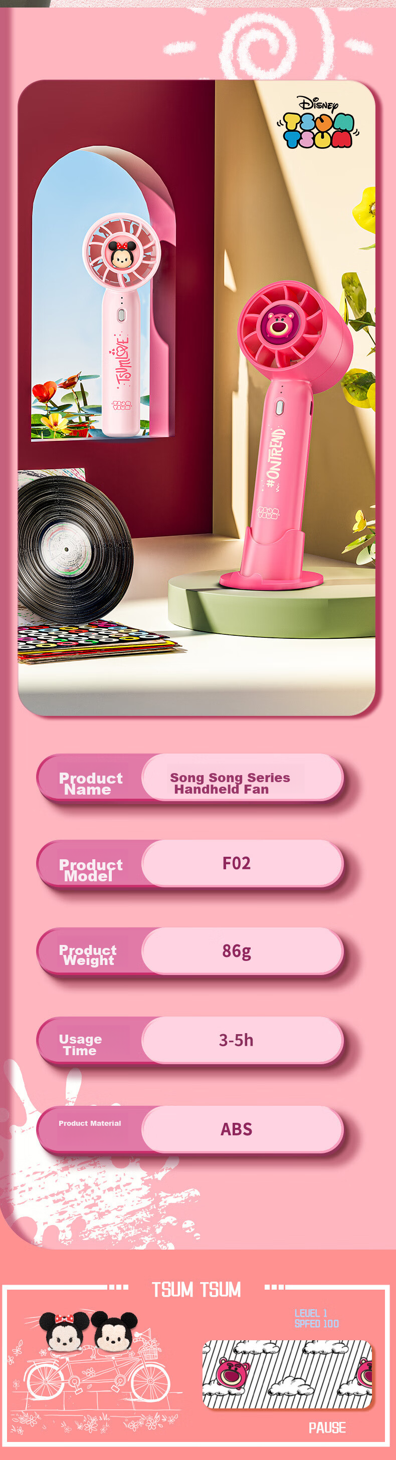 Baosou Portable Handheld Mini Fan with Built-in Light and Lanyard, Rechargeable, 3-Speed Strong Wind, Quiet, Pink 11
