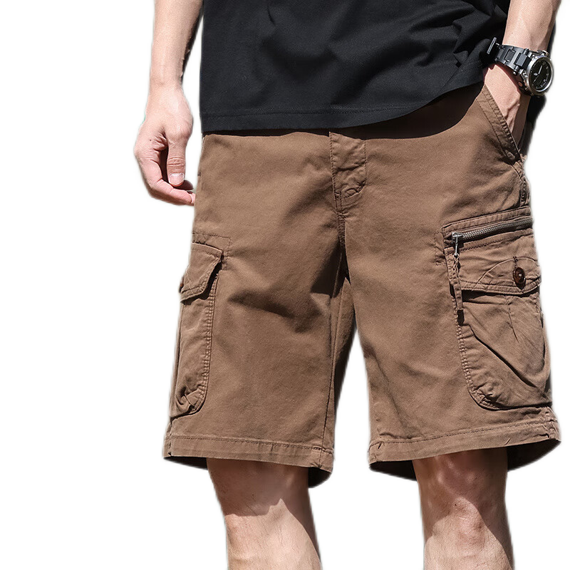 EASTERN CAMEL Men's Cargo Shorts, Casual Five-Point Pants, Spring And Summer Mid-Length Thin Trousers with Large Pockets, Coffee Color, Size 34