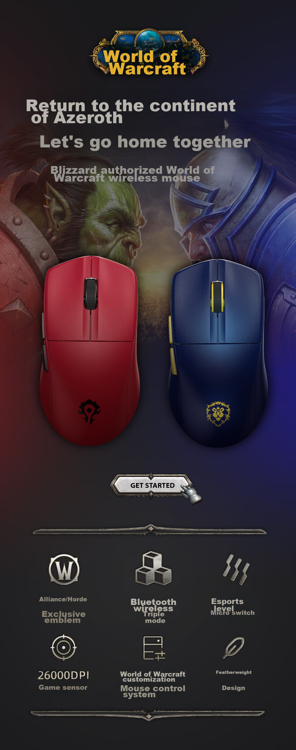 BLIZZARD YGK01 Official World of Warcraft Wireless Gaming Mouse, 2.4G Tri-Mode, 49g Lightweight Gaming Mouse - Tribe Red 1
