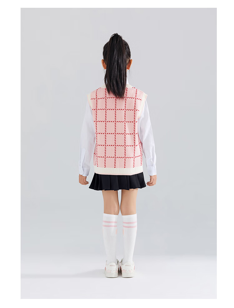 QQ DUCK Children's Clothing, Girls' Sweater Vest, Big Kids' Waistcoat, Knitted Sweater, Strawberry Plaid, Pink; 120 15