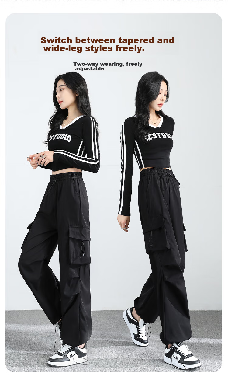 FitonTon Parachute Cargo Pants for Women, Summer Ice Silk Thin High-Waisted Wide-Leg Pants, Slimming Straight-Leg Drawstring Quick-Dry Pants, Casual Trousers 2