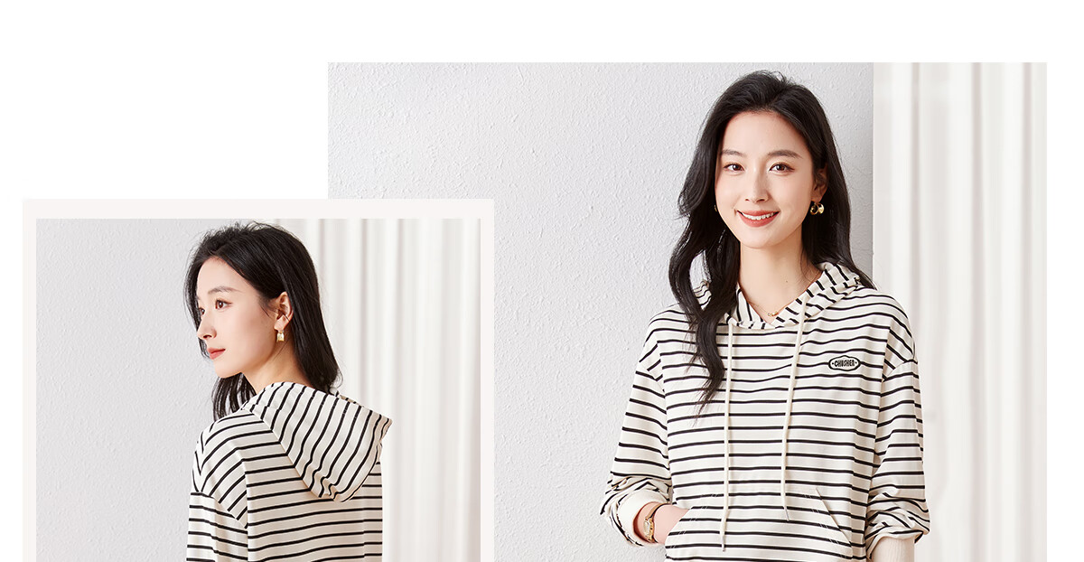 Chushen Women's Hoodie, Contrasting Colors, Drawstring Hood, Korean Style Stripes, Simple Elegant Fashion Versatile Top S141W1012 12