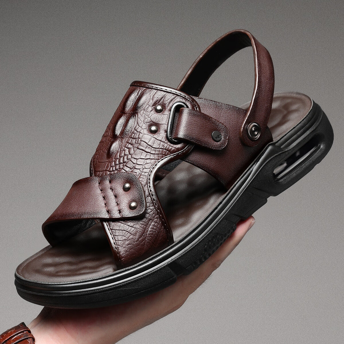 PLAYBOY Men's Leather Sandals, Genuine Leather, Summer, Dual-Use for Dad And Outdoor Wear, Beach Shoes, Lightweight Air Cushion, Dark Brown, Size 42