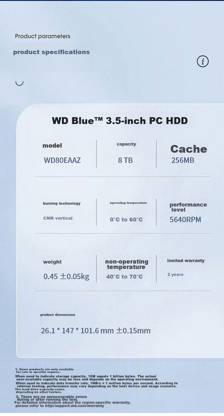 Western Digital (WD) 8TB Desktop Mechanical Hard Drive, WD Blue, 3.5-Inch, 5400 RPM, 256MB Cache, SATA CMR Vertical Technology, WD80EAAZ AI Hard Drive 7