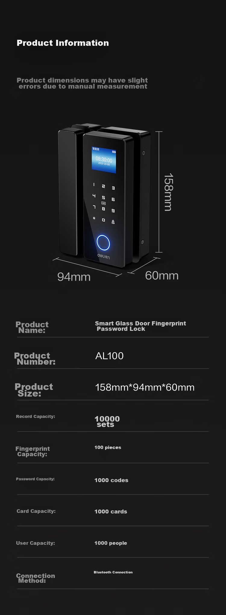 Deli Glass Door Lock, Smart Door Lock with Password, Office Fingerprint Lock, Intelligent Lock, Access Control Lock, Attendance Lock, Mini-Program Management AL100 (Frameless Glass Doors) 14