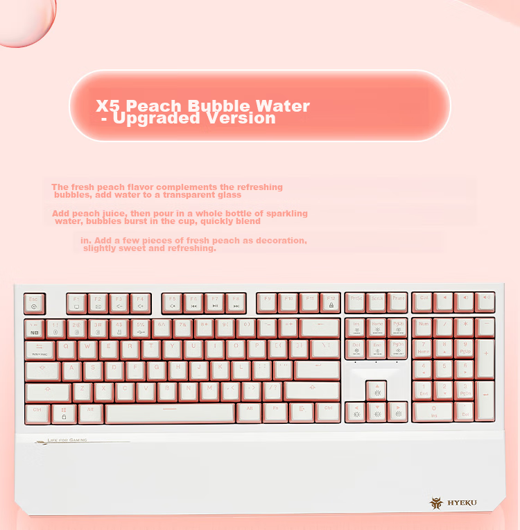 Hyeku X5Pro Wireless Bluetooth Wired Tri-Mode Keyboard with 108 Keys, PBT Keycaps, Peach Bubbles Water, Kaixia BOX Rose Red Switches 3
