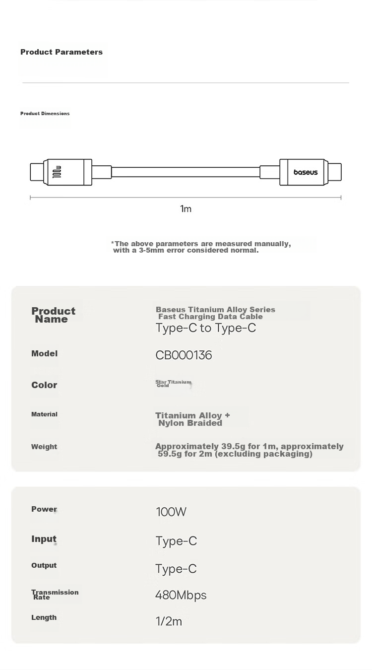 BASEUS Apple 17/16 Titanium Alloy Charging Cable, Dual-Head Type-C Data Cable, PD100W Fast Charging, Car Charger 5A, Suitable for IPhone 15/iPad/MacBook Laptops 12