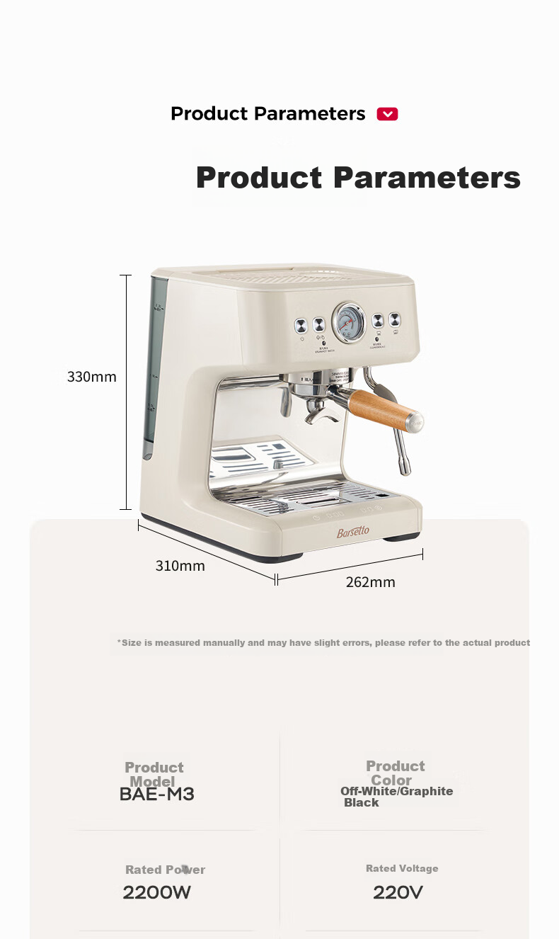 Barsetto [Mid-Autumn Festival Gift] Baishengtu Coffee Machine, Small Italian Semi-Automatic Home Use, Dual Heating Dual Pump, Bean Grinding All-In Espresso Extraction, Detachable Machine, BAE-M3 Black Set 12