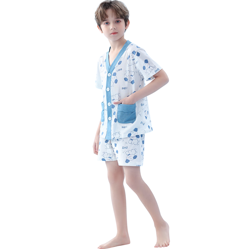 LangSha Children's Pajamas, Boys' Summer Thin V-Neck Short-Sleeve Set, Pure Cotton, Middle School Students' Home Wear Set, Size 140