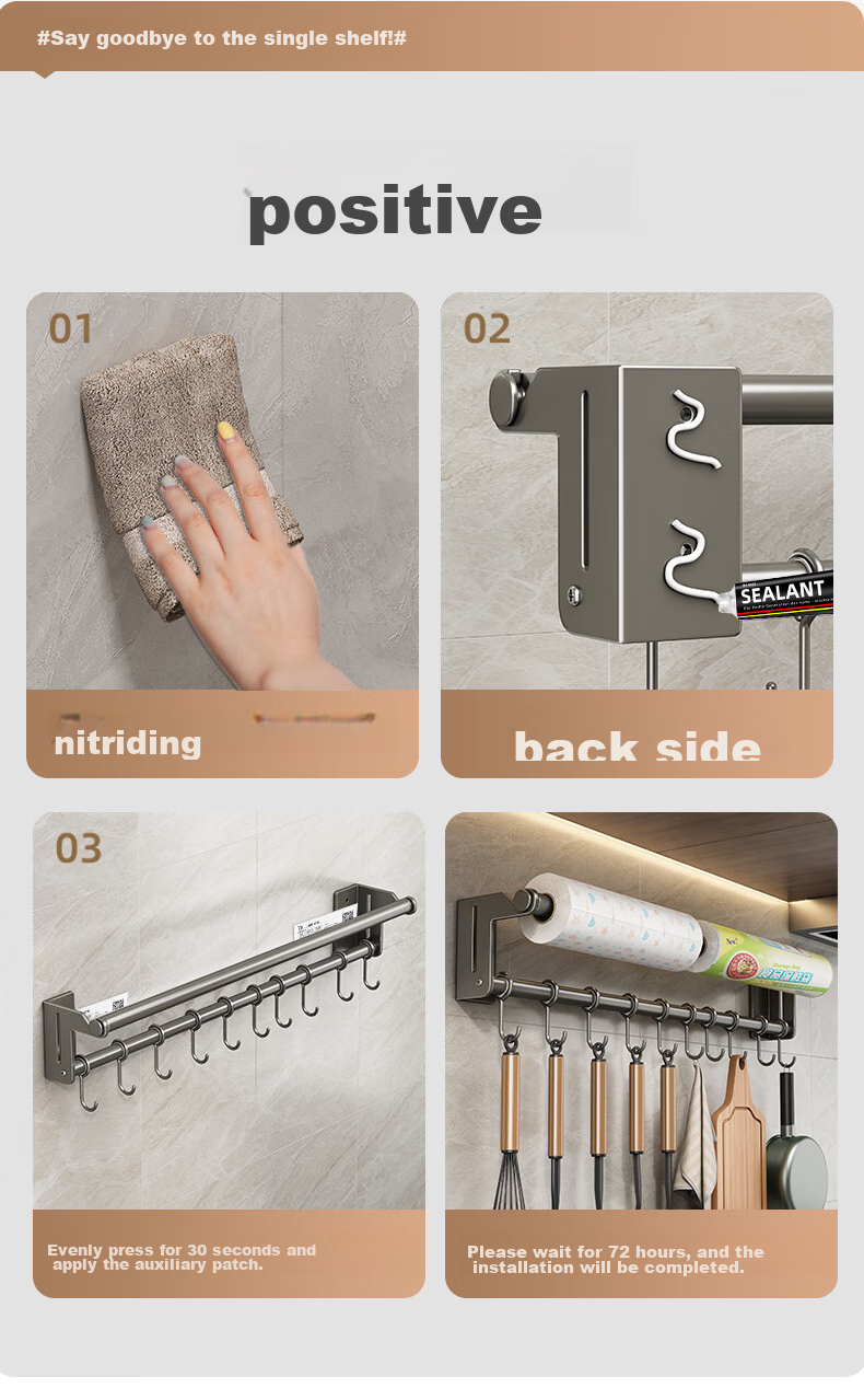 Jiadu Kitchen Hooks, Paper Towel Holder, Spoon And Spatula Rack, Wall-Mounted without Drilling, Storage Shelf, Hanging Rack, Row Hooks, Storage Rod 8