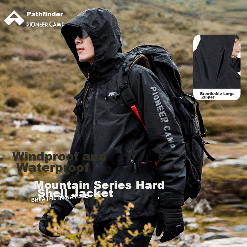 Pioneer Camp Hardshell Jacket for Men, Outdoor Travel Hiking Mountaineering Clothing, Windproof Waterproof Breathable Autumn Winter Hooded Jacket Outerwear