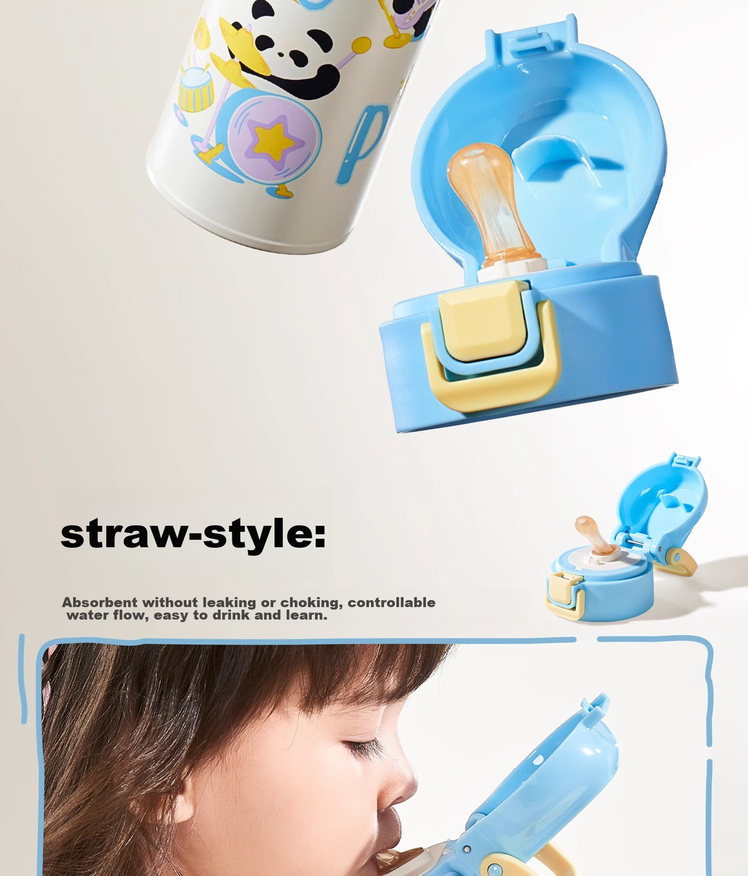 Scoornest Children's Insulated Cup with Straw, Direct Drinking Water Bottle, 316 Stainless Steel, for Primary School Students, Toddlers, Kindergarten Water Bottle - Panda Blue 5