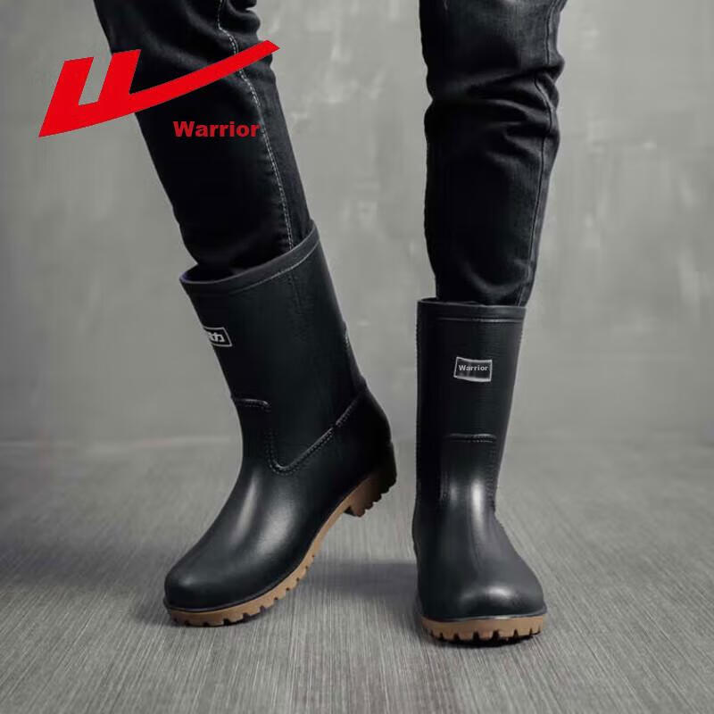 Warrior Men's Mid-High Rain Boots, Adult Waterproof Shoes, Rubber Boots, HXL128-B, Black Mid-Calf, Size 41