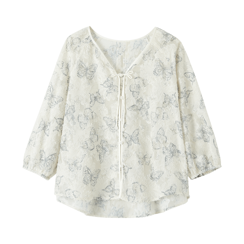 Dme [Mystical Romanticism] Spring And Autumn Style New Chinese Butterfly Clip Flower Shirt Tassel Button Shirt