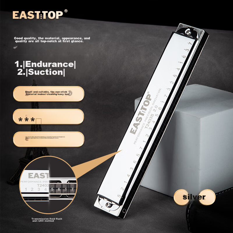Студенческая губная гармошка EAST TOP T2403S 2.0, 24 отверстия, тональность C, для начинающих и профессионалов, серебристая