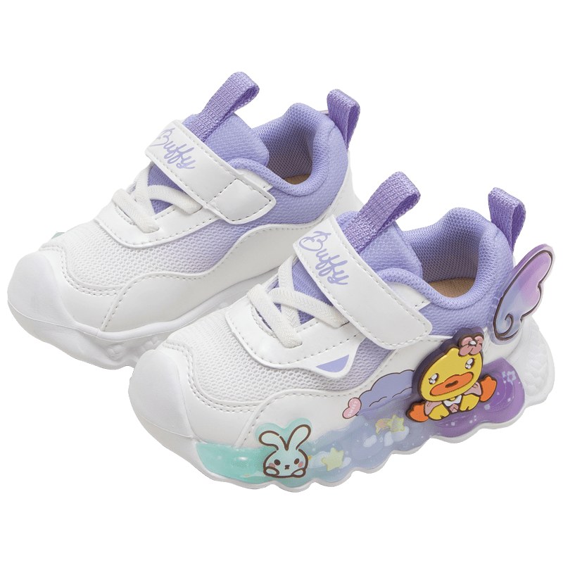 B.Duck Children's Shoes, Girls' Soft-Soled Sneakers, Light-Up Shoes with Flashing Lights, Spring And Autumn Season Bright-Light Shoes, White And Purple, Size 27