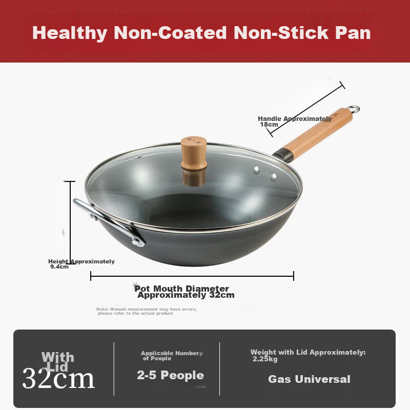 Zhangxiaoquan Cast Iron Wok without Coating, Gas Stove Specific, Iron Pan for Stir-Frying, 32cm with Lid, C31640200