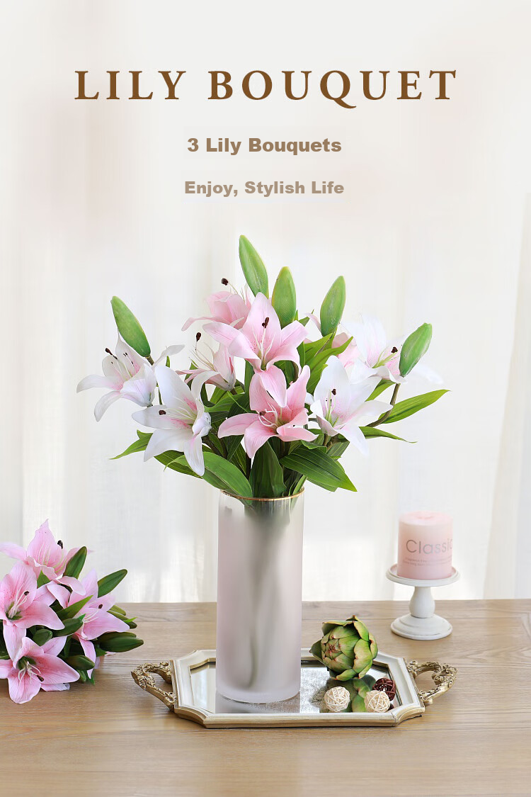 SUGER LOVE Nordic Style Multi-Head Lily Artificial Flower Bouquet, Living Room Decoration, Textured Silk Flowers, Fake Plants, Plastic Flowers 1