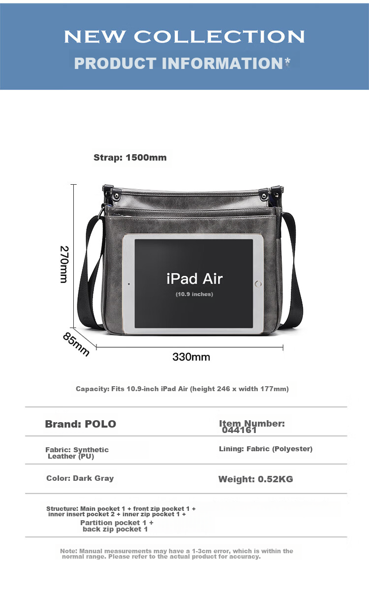 POLO Shoulder Bag for Men, Business Crossbody Bag, Casual Phone Bag, IPad Bag, Horizontal Style Sports Messenger Bag for Me 9