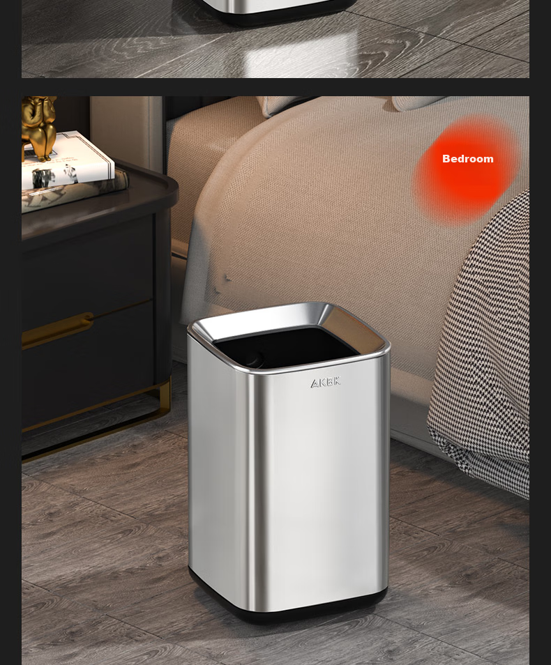 AKBK Stainless Steel Trash Can 15L Silver Large Square Bin for Living Room, Kitchen, Bathroom, Luxury Hotel, Office 16
