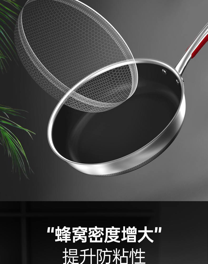 Kobach Non-Stick Frying Pan, 316L Stainless Steel, Flat Bottom Pan, Low Smoke, for Frying Eggs And Steak, Double-Sided Honeycomb Design, Yuexiaowen Model 3