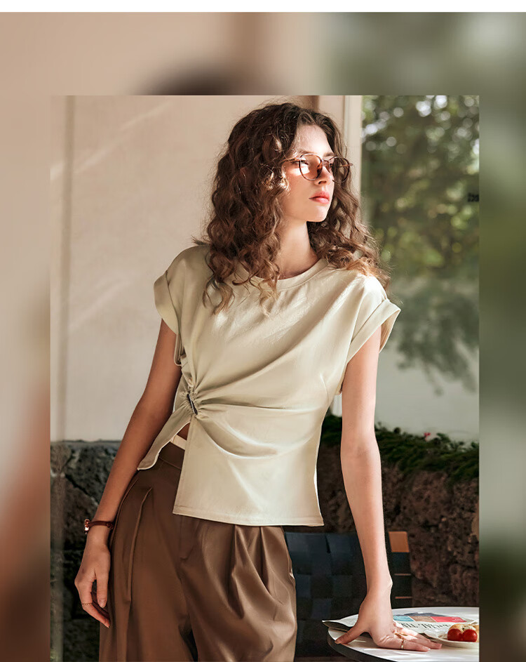 Olrain Irregular Pleated Waist-Tied T-Shirt Women's Summer Stylish Short Sleeve Top Milk Tea Color M 7