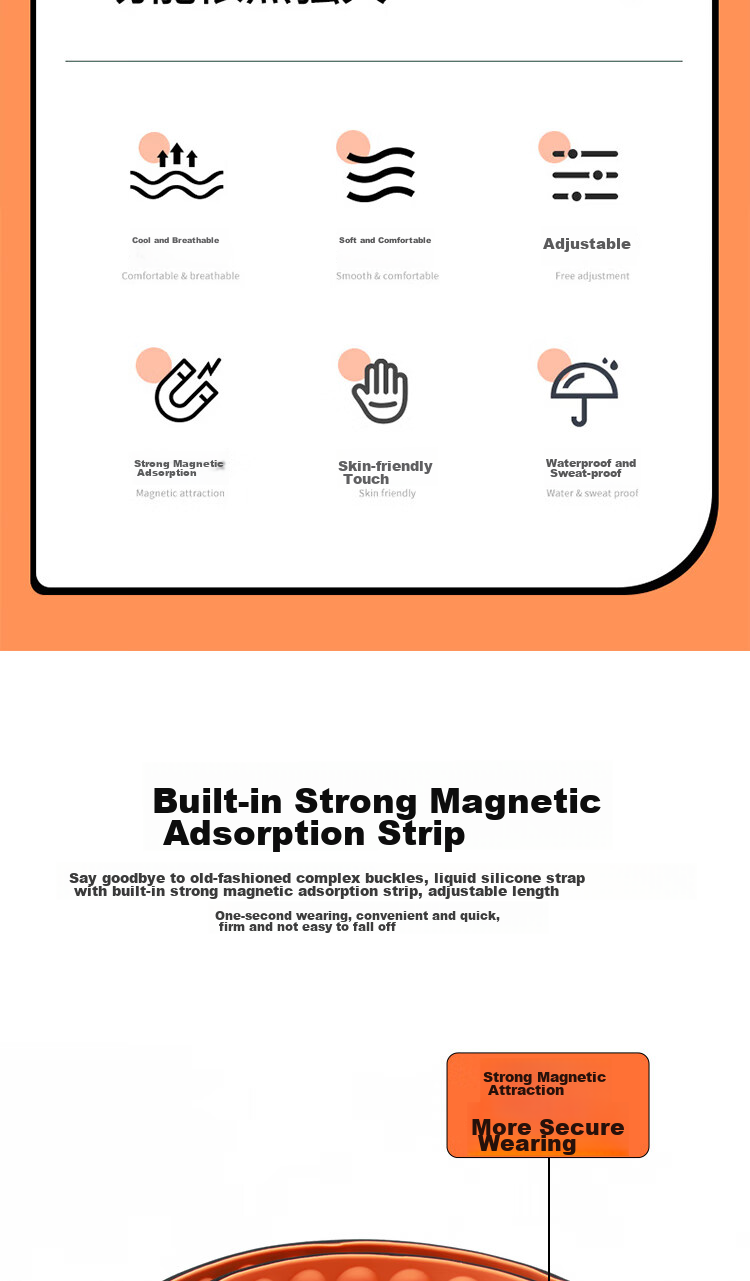 ESCASE Compatible Silicone Magnetic Watch Band for Huawei Watch GT5/4pro/GT3pro Comfortable Strap/gt2/new Unisex Wristband Universal 46/48mm Watch Face Black And Orange 2
