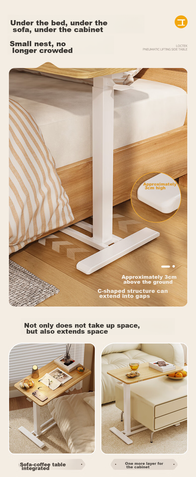 Loctek Bedside Table, Adjustable Height, Laptop Desk for Bed, Movable, Suitable for Home Use, Coffee Table with Flip-Top Design, T06 Elegant White 8