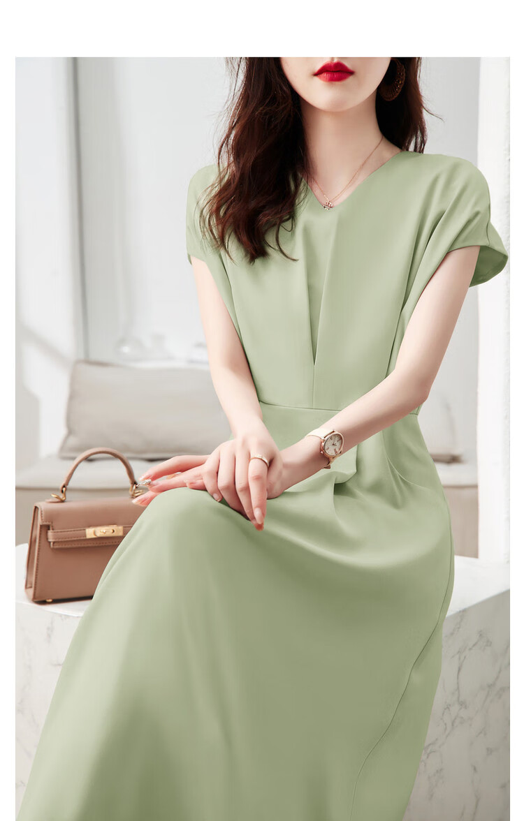 DME A-Line Skirt Summer Commuter V-Neck Short Sleeve Simple Mid-Length Dress for Women 12