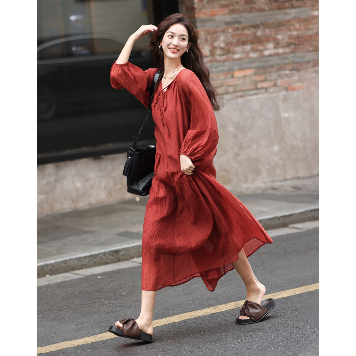 Dme [French-Style Dress] Romantic Elegant Fair-Complexion Easy Vacation Style Wrinkled Textured Dress for Wome