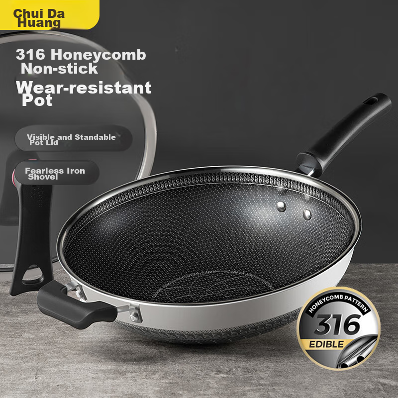 COOKER KING Wok, 316 Stainless Steel Frying Pan, Double-Sided Honeycomb Pattern Non-Stick Pan, 32cm, Can Be Used on Gas Or Induction Stoves, with Visible Lid And Stand