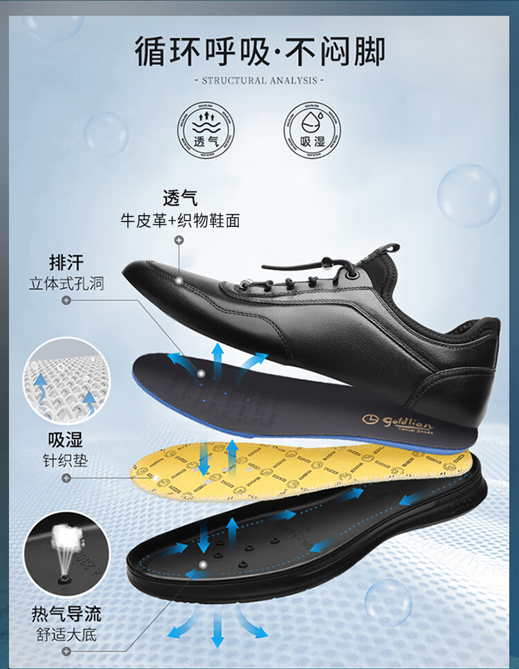Goldlion Men's Shoes, Business Casual Shoes, Fashionable Comfortable Soft Elastic Band Leather Shoes G539410008AAA with Lining, Size 41 2
