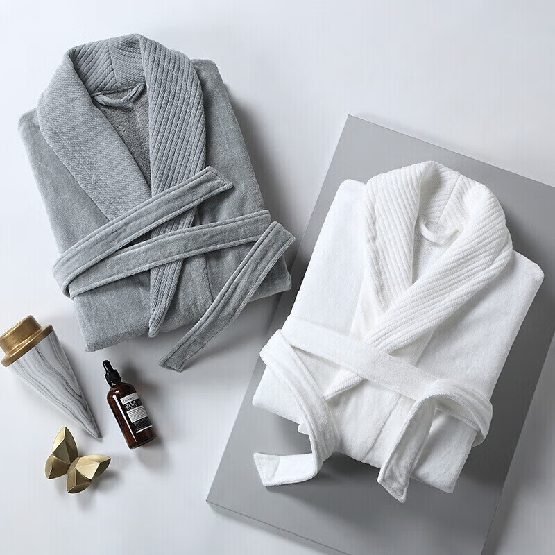 Canasin Five-Star Hotel Pure Cotton Bathrobe, All-Cotton Absorbent Couple Adult Bathrobe Sleepwear Long Style, Classic White, M