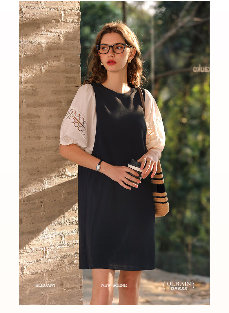 Olrain French Lace Hollow Out Puff Sleeve Splice Dress Women Summer Elegant Straight Dress Black and White M 8