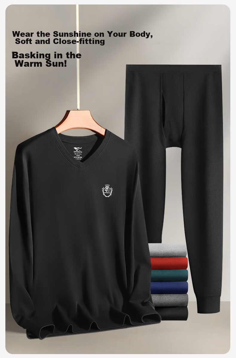 SEPTWOLVES [Antibacterial] Men's Autumn And Winter Thermal Underwear Set, Pure Cotton V-Neck Long Johns And Pants 4