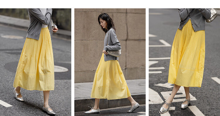 Dme [Lingdong Muxi] Spring French Cloud-Feel Cotton Elastic Waist Pleated A-Line Breathable Midi Skirt for Wome 3