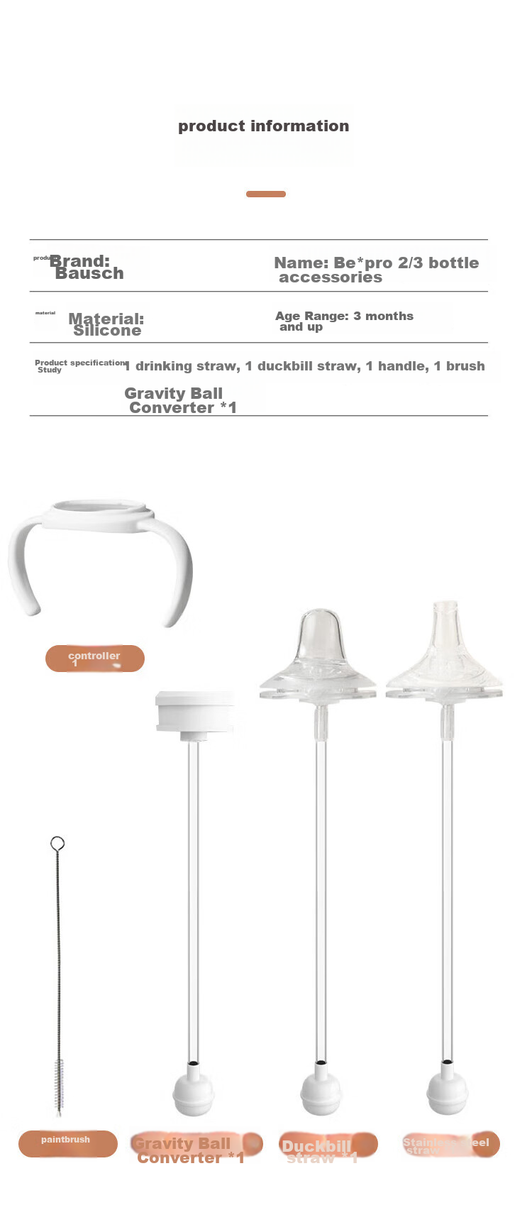 Baoshi Compatible with Pigeon Baby Bottle Accessories, Gravity Ball Straw Accessory, Duck Bill Nipple, Suitable for Third Generation Handle Brush Combinatio 3