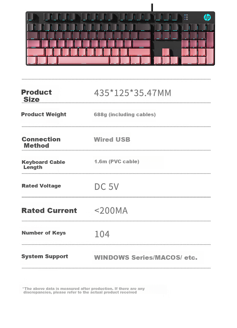 HP Mechanical Keyboard, Wired for Office, E-Sports And Gaming, Compatible with Desktop And Laptop Computers, Side-Engraved Gradient Blackberry Pink White Light Blue Switches, 104 Keys 12