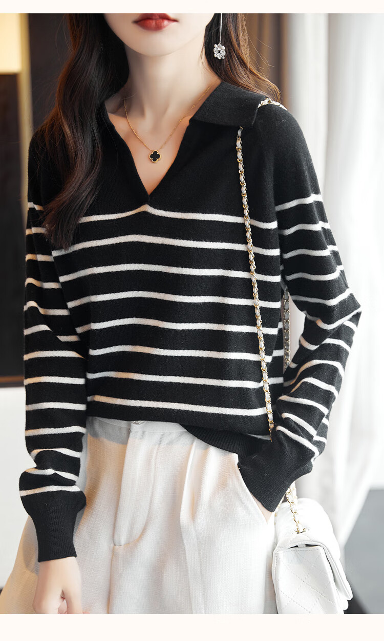 Dme Wool V-Neck Striped Sweater, Elegant And Relaxed Women's Wool Sweater, Black, L 16