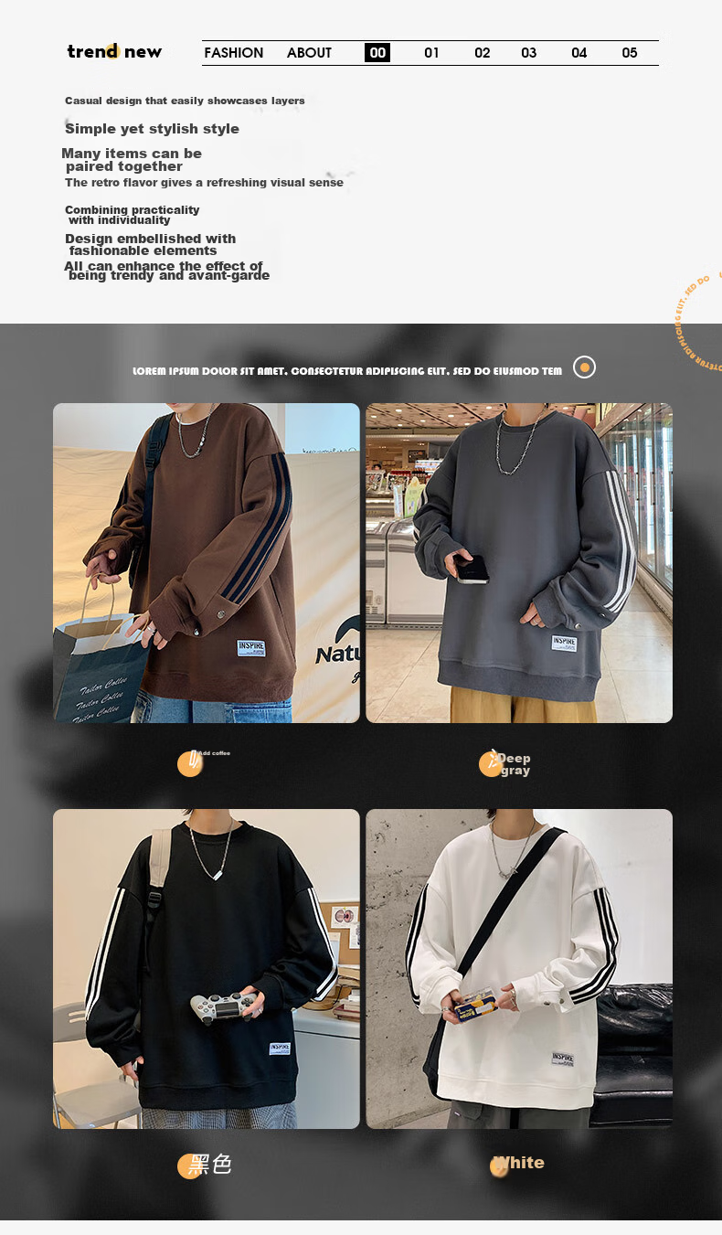 Foss Phil Men's Sweatshirt, Spring And Autumn Casual Loose Long-Sleeve T-Shirt, Striped Round Neck Top, 8801 Black M 2